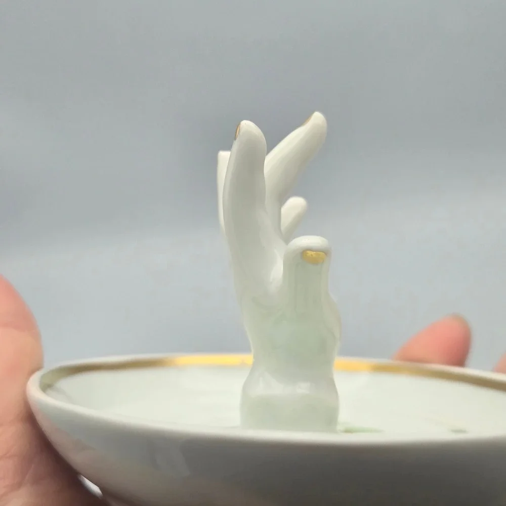 Vintage Porcelain Mini Hand Ring Holder Dish White Gold‎ Trim Made in France 5